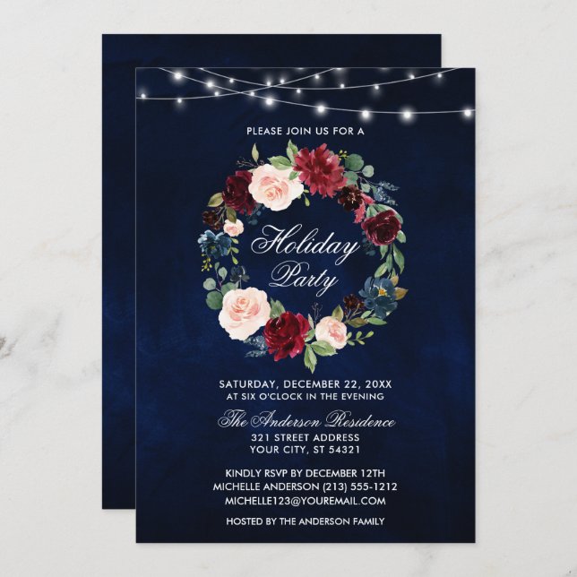 Elegant Watercolor Floral Holiday Party Lights Invitation (Front/Back)