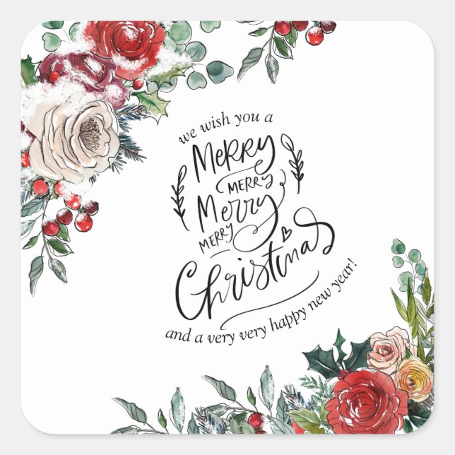 Elegant Watercolor Floral Holly Merry Christmas Square Sticker (Front)