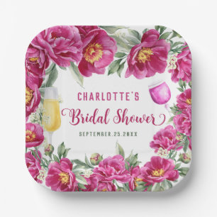 Elegant Watercolor Floral Hot Pink Bridal Shower Paper Plate