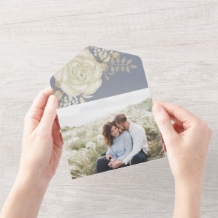 Elegant Watercolor Floral Ivory Foliage Photo All In One Invitation