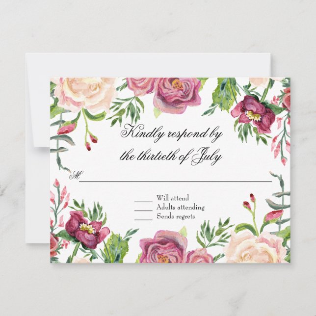 Elegant Watercolor Floral Leaf Pink Burgundy RSVP (Front)