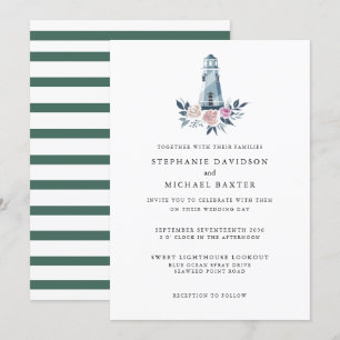 Elegant Watercolor Floral Lighthouse Nautical Invitation