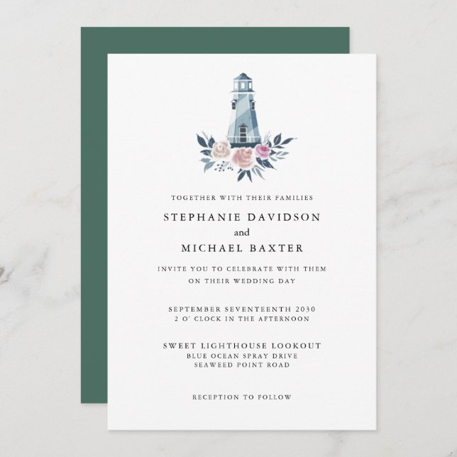 Elegant Watercolor Floral Lighthouse Nautical Invitation (Front/Back)