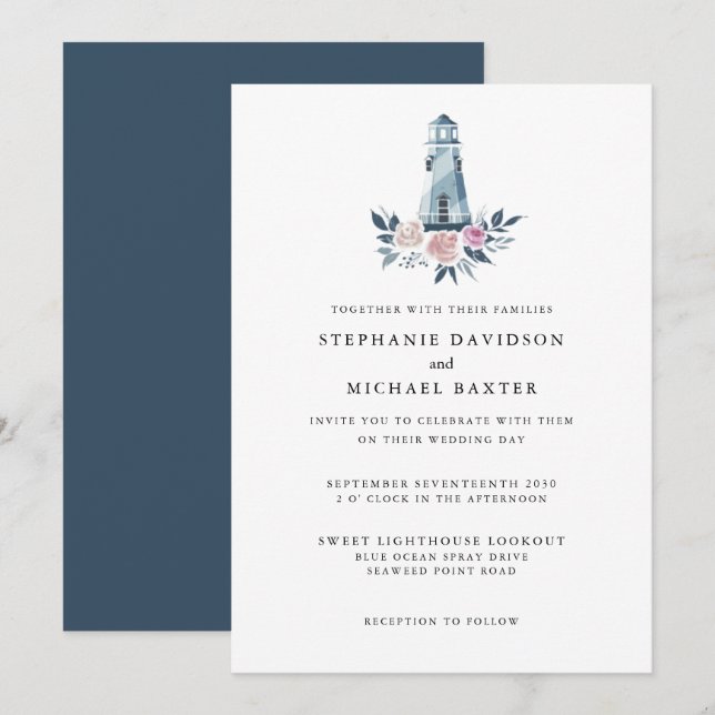 Elegant Watercolor Floral Lighthouse Nautical Invitation (Front/Back)