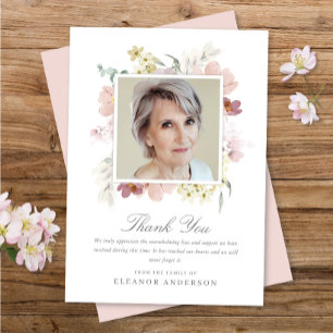 Elegant Watercolor Floral Memorial Photo Thank You Card