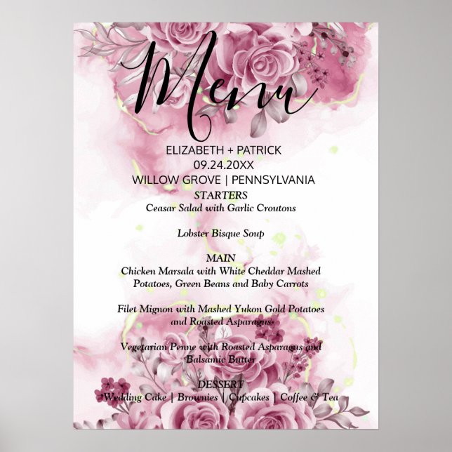 Elegant watercolor floral Menu Sign (Front)