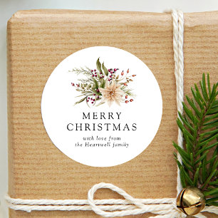Elegant Watercolor Floral Merry Christmas Classic Round Sticker