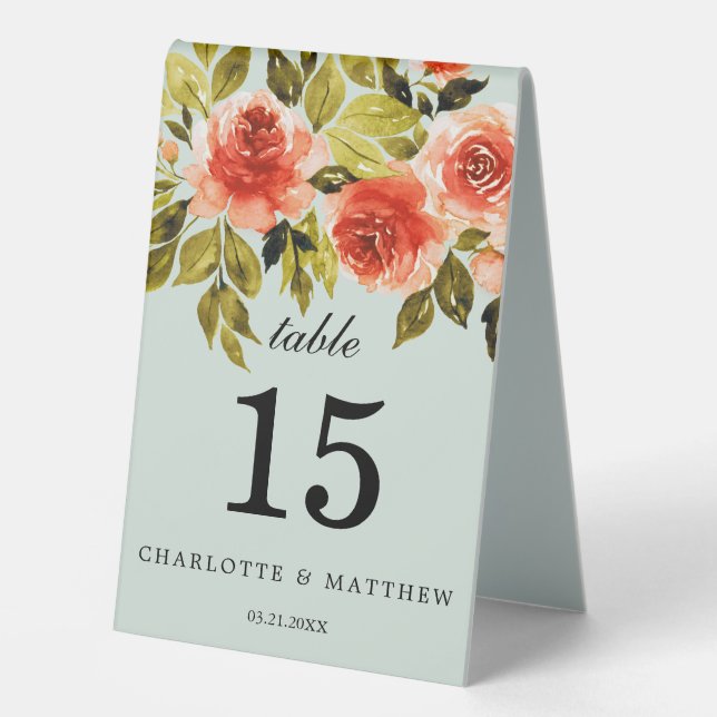 Elegant Watercolor Floral Mint  Wedding Number (Front)