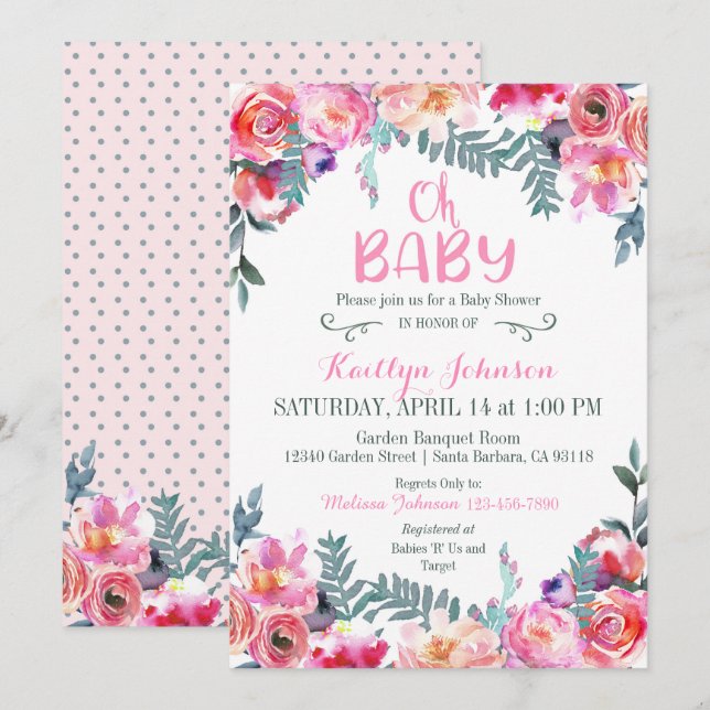 Elegant Watercolor Floral Modern Baby Shower Invitation (Front/Back)