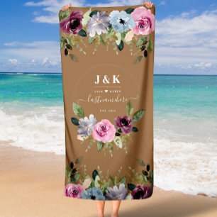 Elegant Watercolor Floral Monogram Wedding Beach Towel