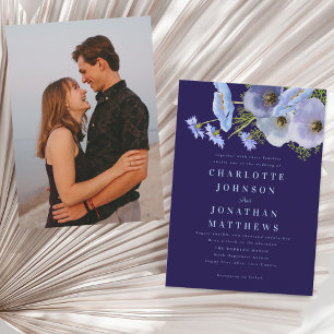 Elegant Watercolor Floral Navy Blue Photo Wedding Invitation