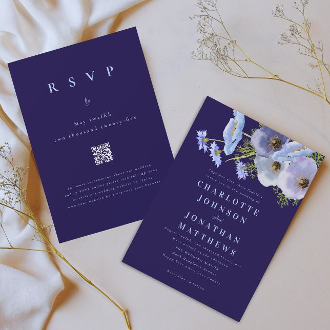 Elegant Watercolor Floral Navy Wedding QR Code Invitation (Elegant watercolor wildflower garden floral bouquet navy blue wedding qr code invitation )