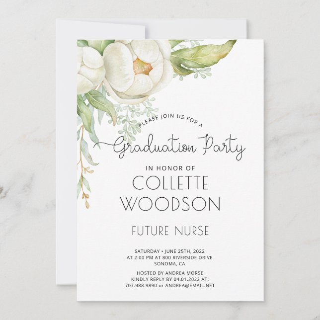 Elegant Watercolor Floral Nurse Graduate  Invitation (Front)
