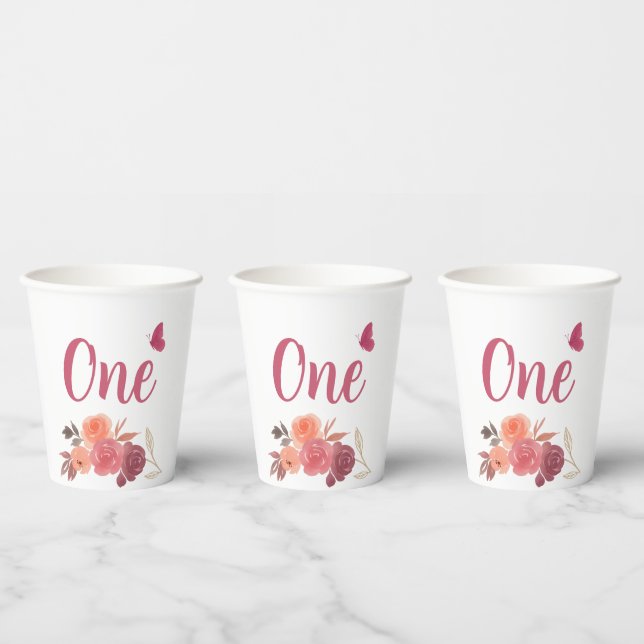 Elegant Watercolor Floral One 1st Birthday  Paper Cups (Multi)