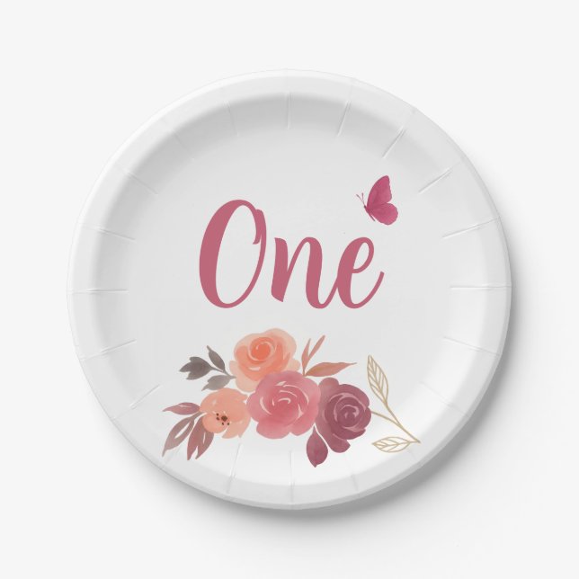 Elegant Watercolor Floral One 1st Birthday  Paper Plate (Front)