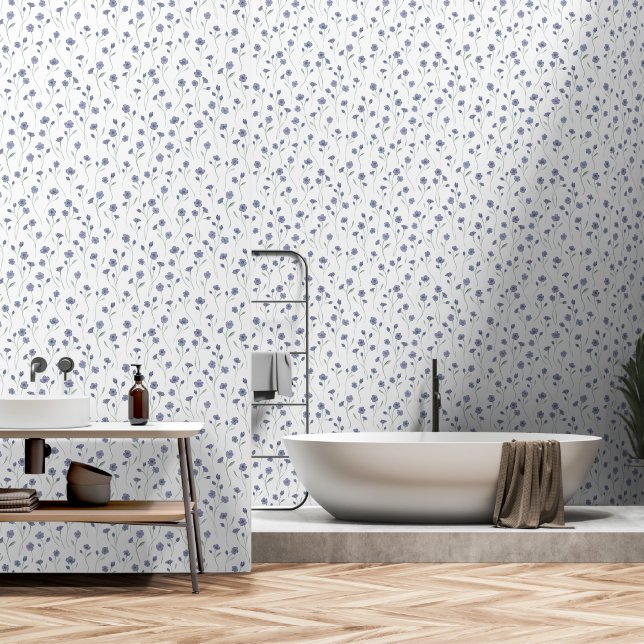 Elegant Watercolor Floral Pattern Blue White DIY  Wallpaper (Bathroom)