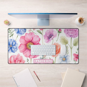 Elegant Watercolor Floral Pattern Custom Name Desk Mat