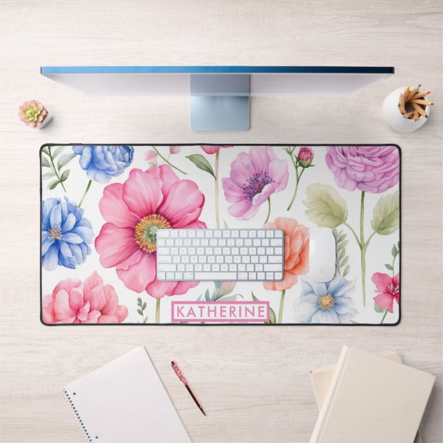 Elegant Watercolor Floral Pattern Custom Name Desk Mat (Office 1)