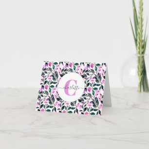 Elegant Watercolor Floral Pattern Purple Monogram Note Card