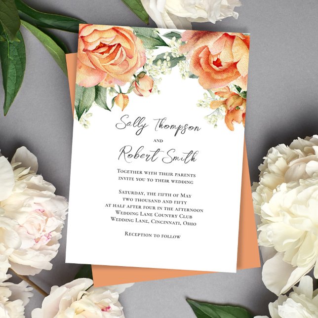 Elegant Watercolor Floral Peach Wedding  Invitation (Peach floral elegant invitation)