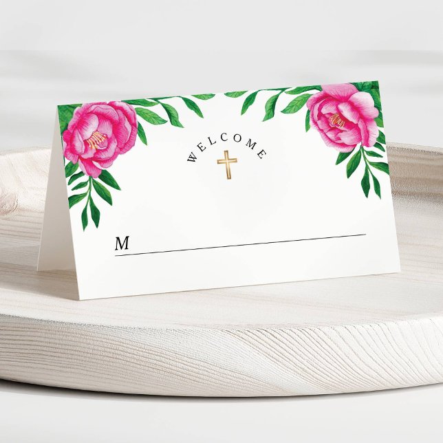 Elegant Watercolor Floral Peonies First Communion Place Card (Elegant Watercolor Floral Peonies First Communion Place Card)
