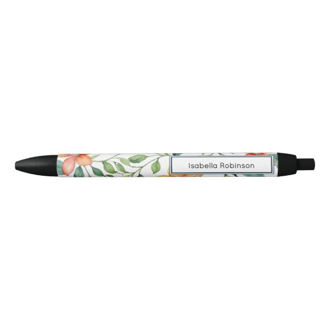 Elegant Watercolor Floral Personalised Black Ink Pen (Front)