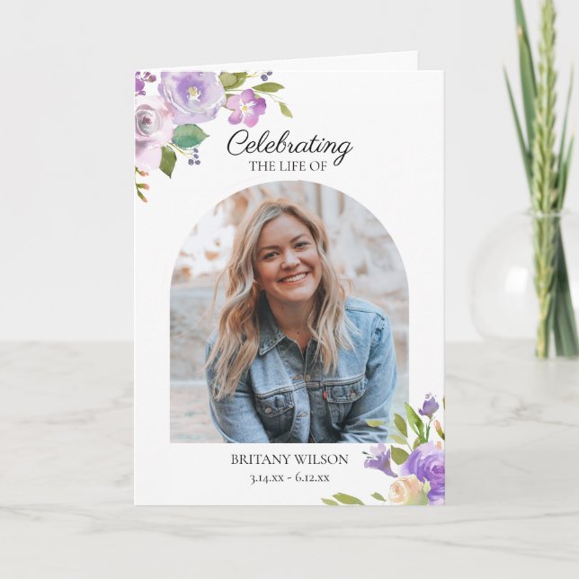 Elegant Watercolor Floral Photo Funeral Memorial Programme (Front)