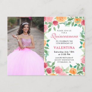 Elegant Watercolor Floral Photo Quinceanera  Invit Invitation Postcard
