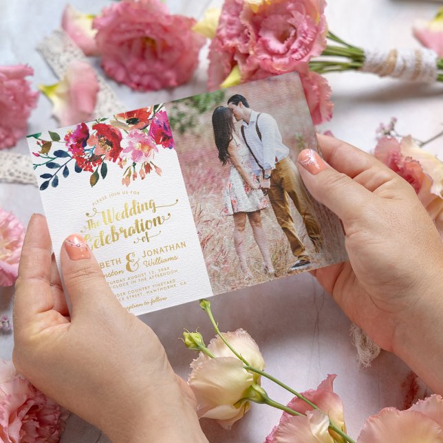 Elegant Watercolor Floral Photo Wedding Invitation (Creator Uploaded)