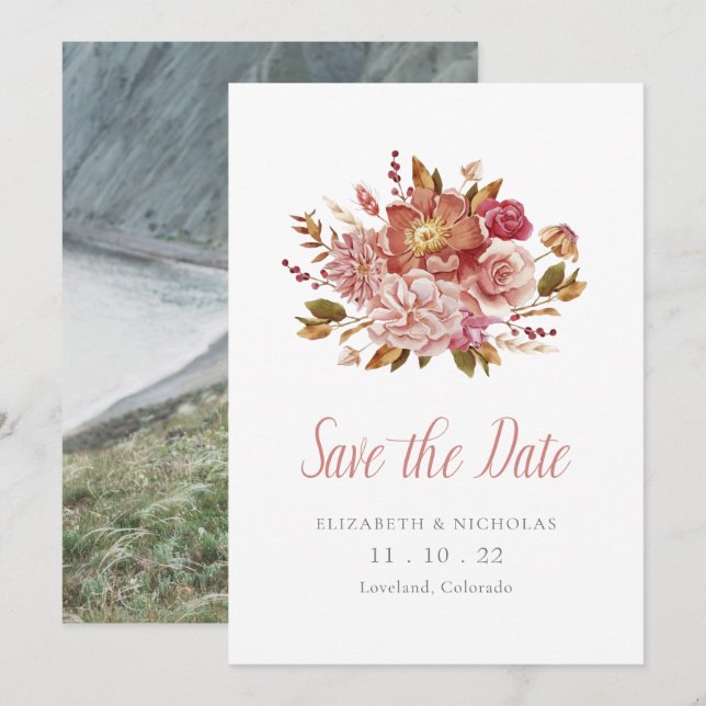 Elegant Watercolor Floral Photo Wedding Save The Date (Front/Back)