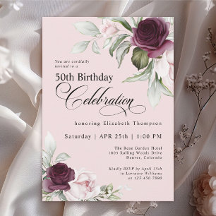 Elegant Watercolor Floral Pink 50th Birthday Invitation