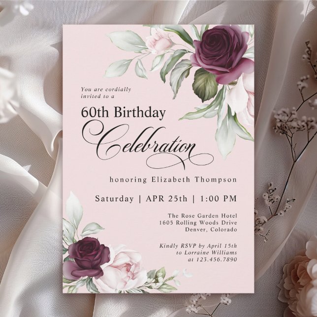 Elegant Watercolor Floral Pink 60th Birthday Invitation (Available in both printed and instant download formats.)
