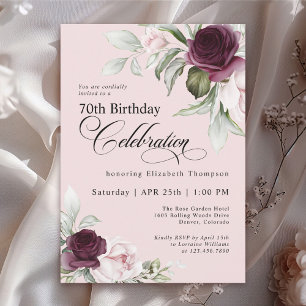 Elegant Watercolor Floral Pink 70th Birthday Invitation