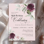Elegant Watercolor Floral Pink 90th Birthday Invitation<br><div class="desc">Celebrate a special milestone birthday with this beautiful 90th birthday party invitation. It features elegant floral borders in burgundy and pink roses on each side of the elegantly placed text. Colours include pale blush pink, deep burgundy red and plum mixed with ethereal greenery and tiny white accent flowers on a...</div>