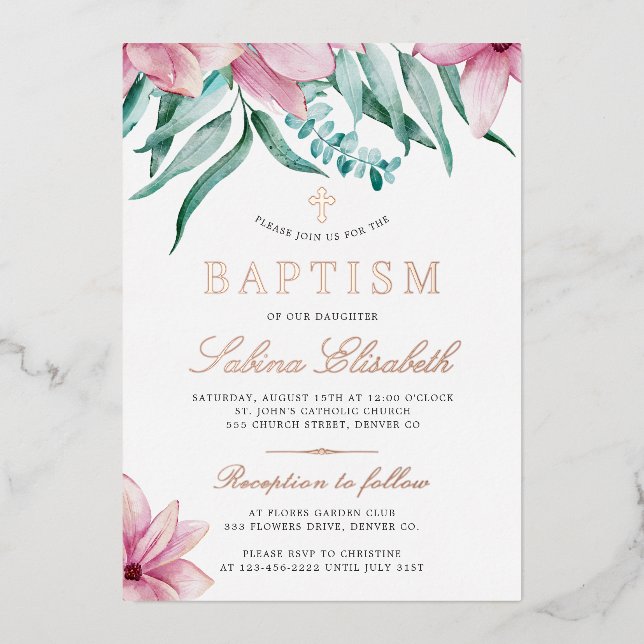Elegant watercolor floral pink baptism cross (Front)