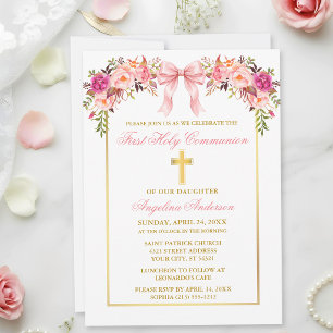 Elegant Watercolor Floral Pink Bow First Communion Invitation