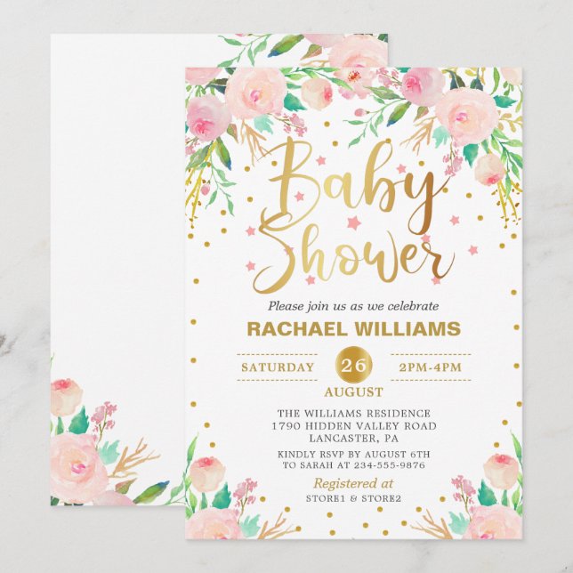 Elegant Watercolor Floral Pink & Gold Baby Shower Invitation (Front/Back)