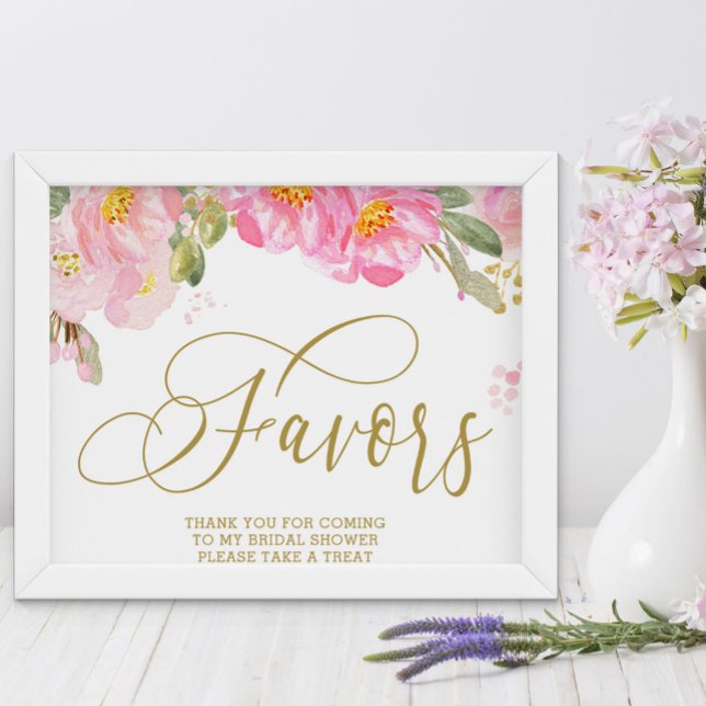 Elegant Watercolor Floral Pink Gold Favors Sign (Favor table sign from my Pink and Gold Watercolor Floral Collection)