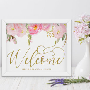 Elegant Watercolor Floral Pink Gold Welcome Sign
