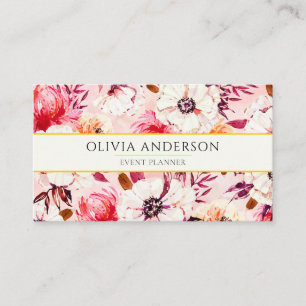 Elegant Watercolor Floral Pink Modern Pattern Boho Business Card