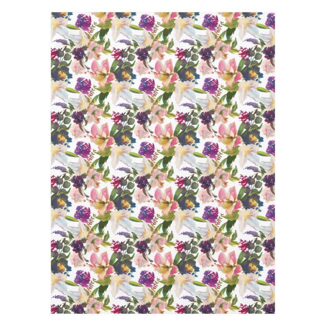 Elegant Watercolor Floral Pink Purple White Green Tablecloth (Front)