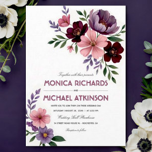 Elegant Watercolor Floral Plum Burgundy Wedding Invitation