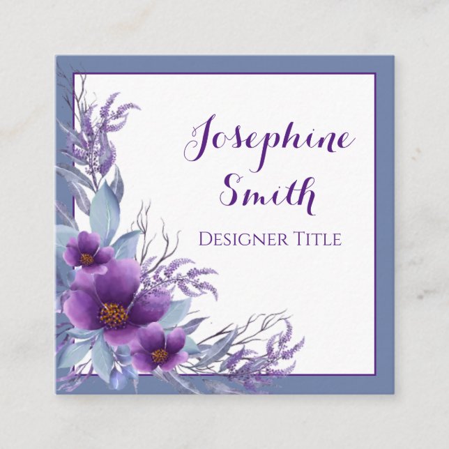 Elegant Watercolor Floral Purple Blue Square Business Card (Front)