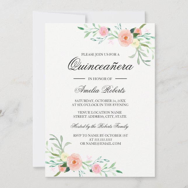 Elegant Watercolor Floral Quinceanera Invitation (Front)