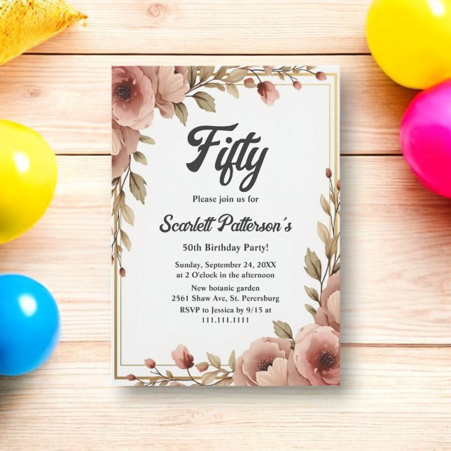 Elegant Watercolor Floral Romantic 50th Birthday Invitation (Creator Uploaded)