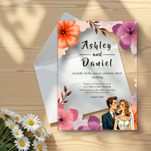 Elegant Watercolor Floral Romantic Couple Wedding Acrylic Invitations