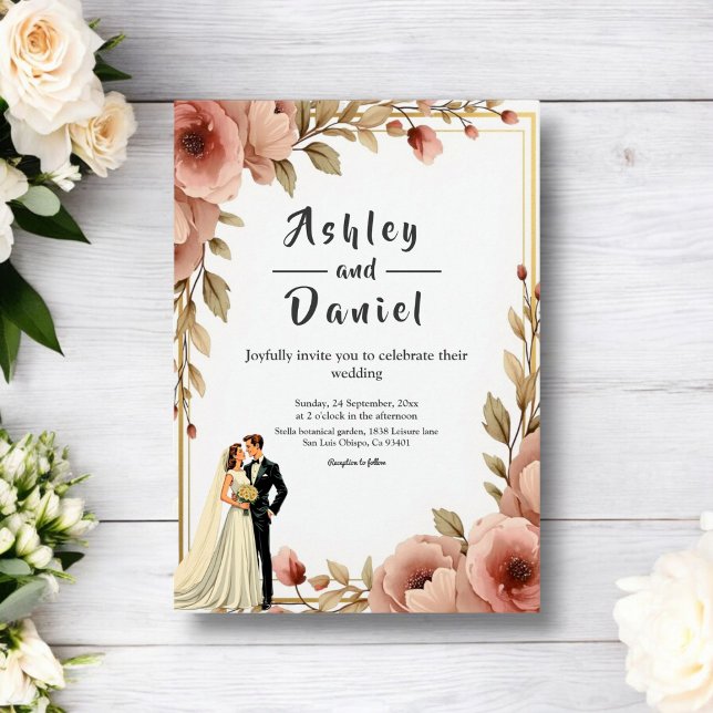 Elegant Watercolor Floral Romantic Couple Wedding Invitation (Creator Uploaded)