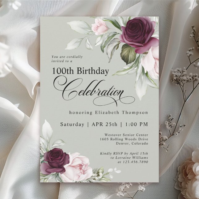 Elegant Watercolor Floral Sage 100th Birthday Invitation (Creator Uploaded)