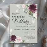 Elegant Watercolor Floral Sage 60th Birthday Invitation<br><div class="desc">Celebrate a special milestone birthday with this beautiful 60th birthday party invitation. It features elegant floral borders in burgundy and pink roses on each side of the elegantly placed text. Colours include pale blush pink, deep burgundy red and plum mixed with ethereal greenery and tiny white accent flowers on a...</div>