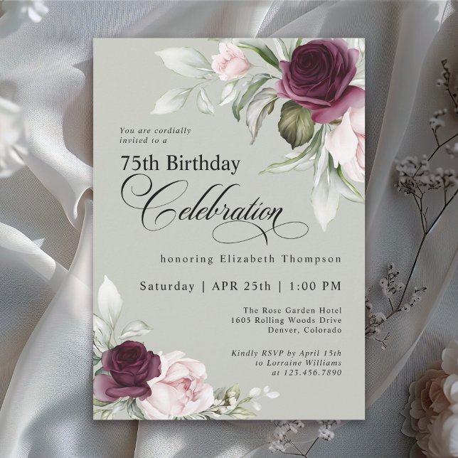 Elegant Watercolor Floral Sage 75th Birthday Invitation (Creator Uploaded)